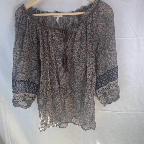 Joie Sheer Brown Floral Print Peasant Style Festival Top Sz S - Picture 2 of 7